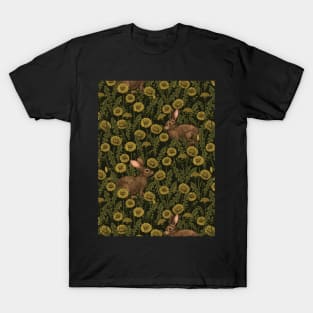 Rabbits and dandelions, yellow, brown and black T-Shirt